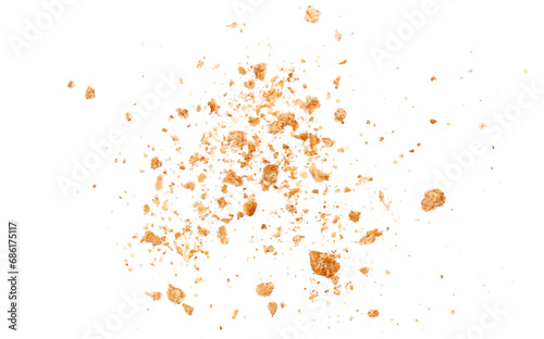 Crumbs integral wholewheat biscuit with oatmeal, cookie flying, isolated on white, top view, clipping path 