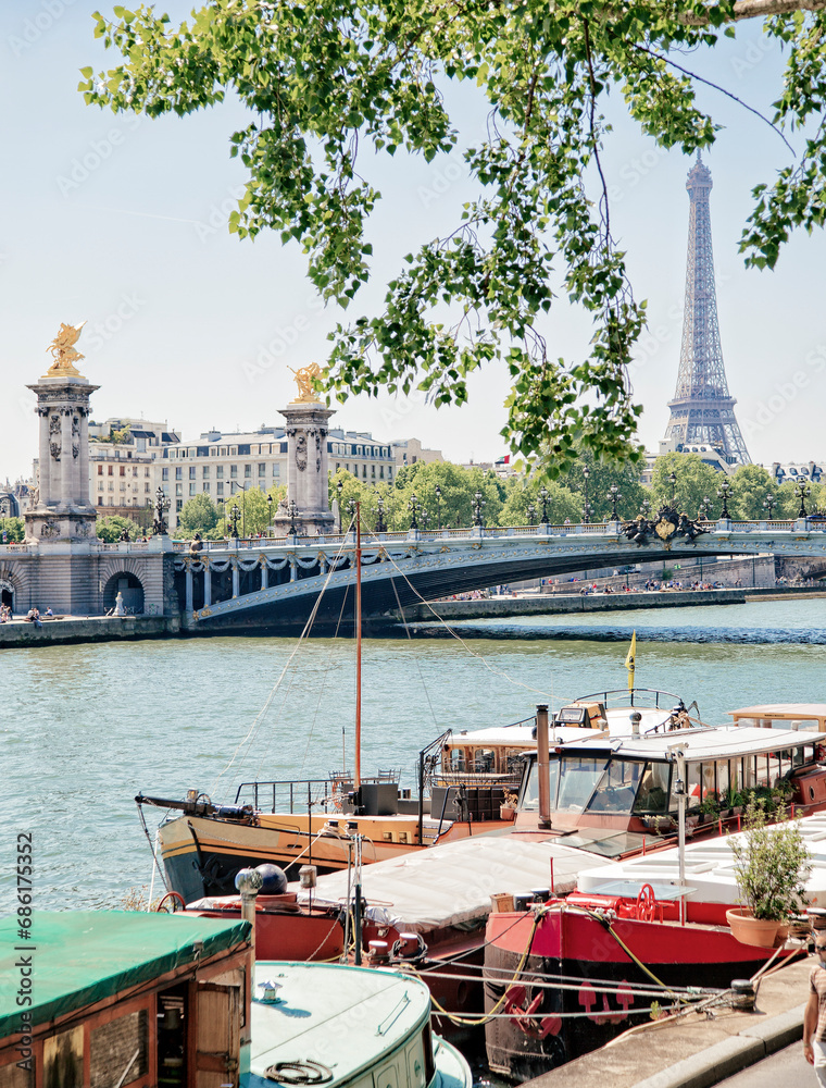 Paris, boats on Seine river, Eiffel Tower