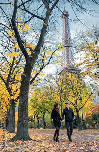 Romantic couple strolling in Paris