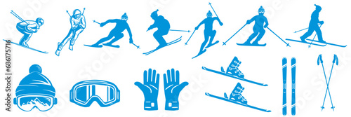 set of skiing and snowboarding