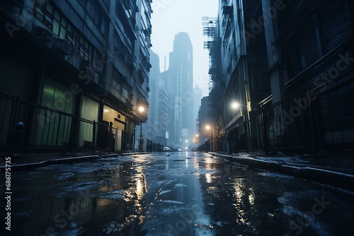 Narrow dark alley between skyscrappers in a big city after rain