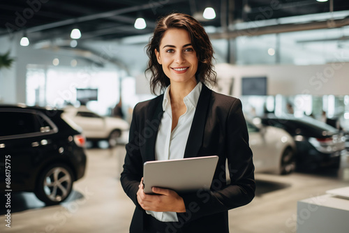 Sales woman at a car showroom, holding tablet and smiling to the camera