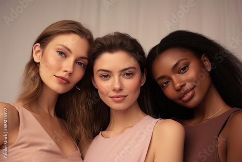 A portrait of three diverse and attractive young women, showcasing beauty, friendship, and individual styles in a studio setting.