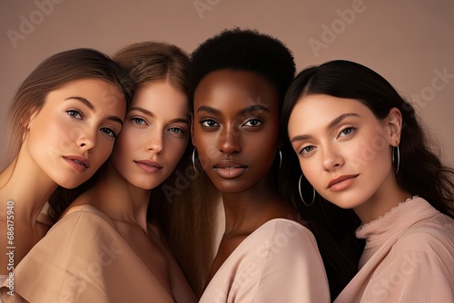 A diverse and authentic group of four young women, showcasing beauty and friendship with various ethnic backgrounds and styles in a studio setting. photo