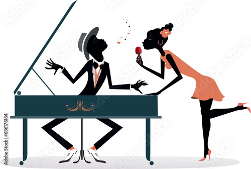 Couple African musicians, singer woman and pianist man. 
Expressive African duet of woman with a microphone and pianist man. Isolated on white background
