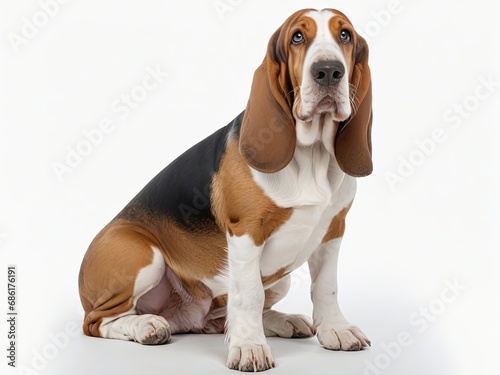 Perro de raza Basset hound sentado sobre fondo blanco 