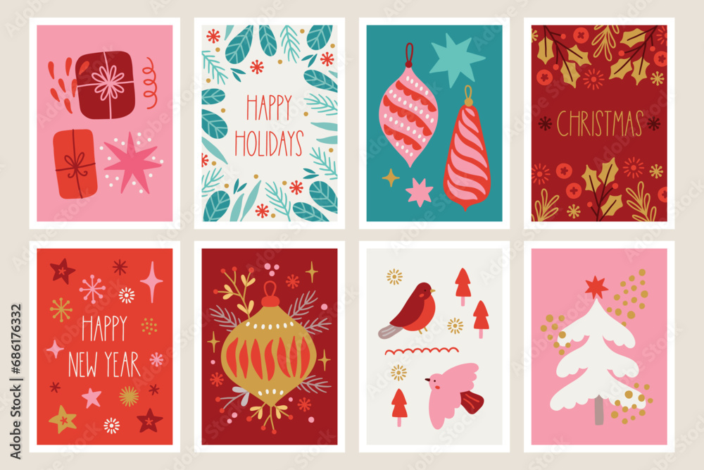 Christmas greeting cards with balls, gifts, star, leaves, fir tree Christmas greeting cards with balls, gifts, star, leaves, fir tree