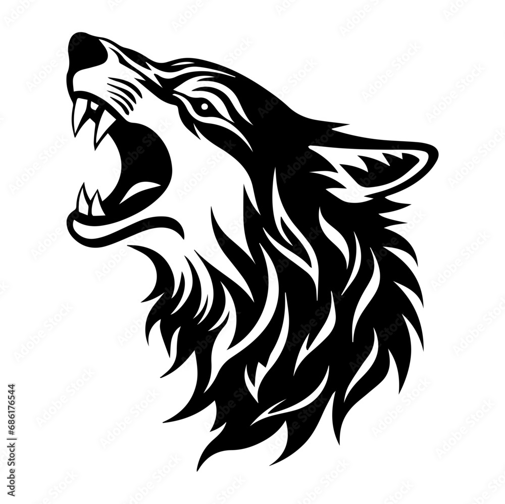 Wolf head howl design tribal tattoo vector illustration, Generative AI.