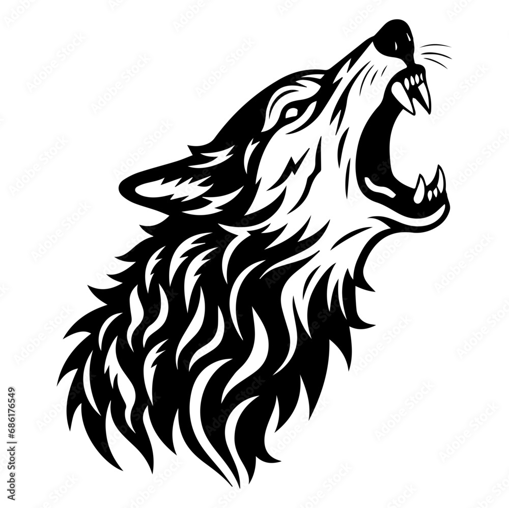 Naklejka premium Wolf head howl design tribal tattoo vector illustration, Generative AI.