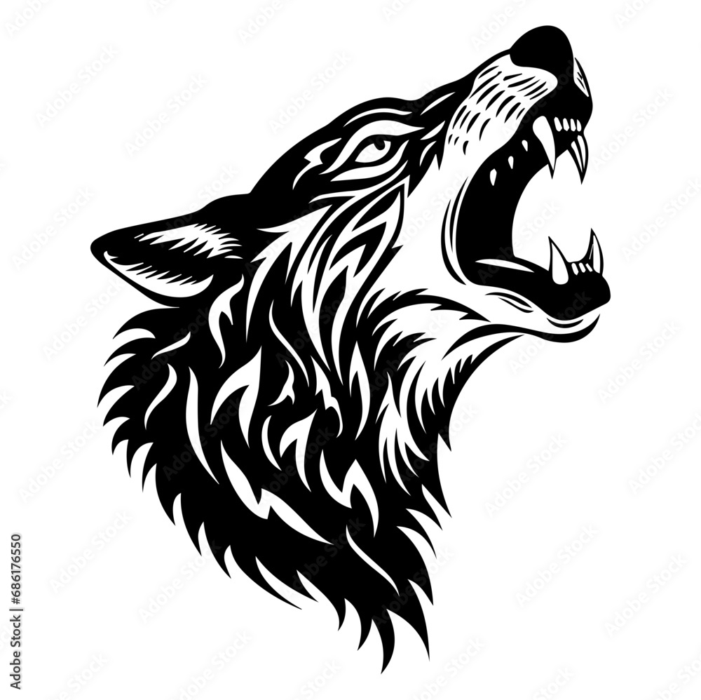 Obraz premium Wolf head howl design tribal tattoo vector illustration, Generative AI.