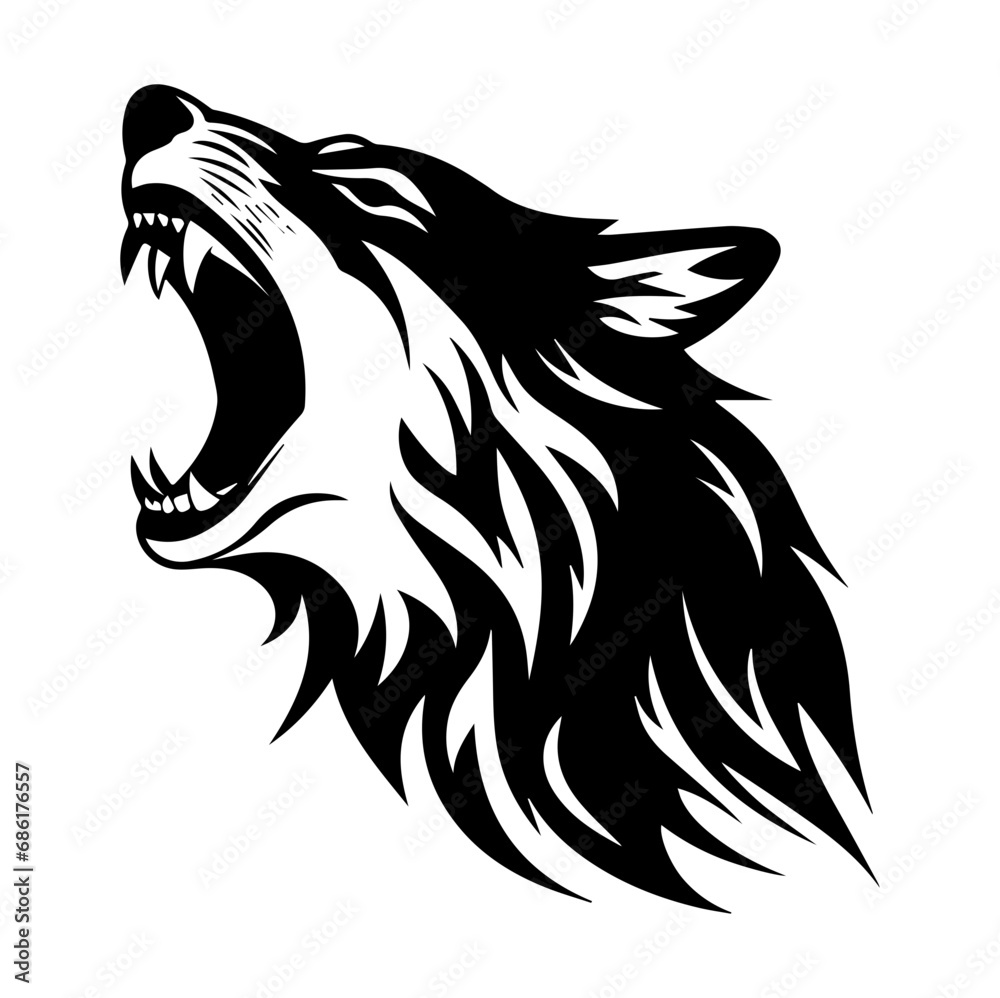 Obraz premium Wolf head howl design tribal tattoo vector illustration, Generative AI.