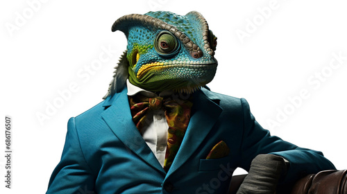 Dapper Chameleon in Vibrant Blue and Green Suit on transparent background