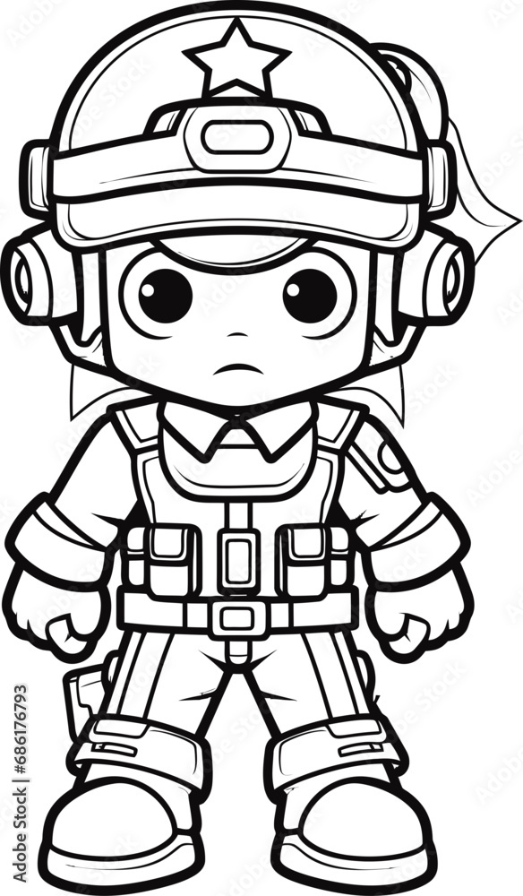 Soldier cartoon vector image, coloring page black and white