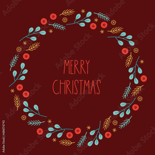 Christmas greeting card with berries, fir branches, snowflakes, leaves