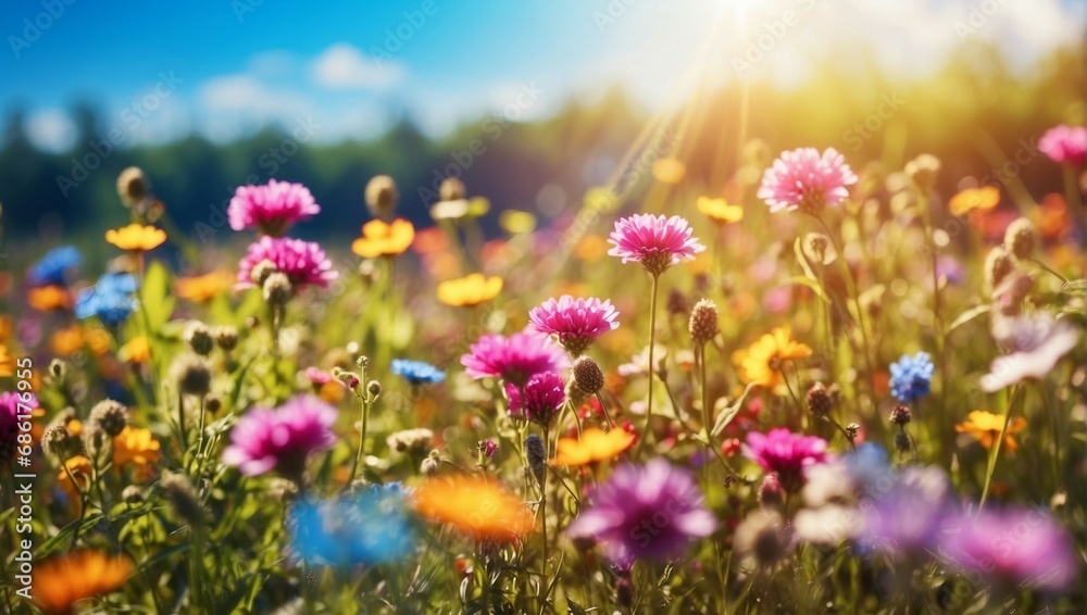 Fototapeta premium Vibrant Meadow Under Clear Blue Sky 
