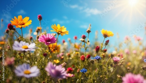 Vibrant Meadow Under Clear Blue Sky 