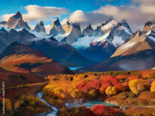 Colorful autumn adorned with snow-capped mountains and a tranquil environment 