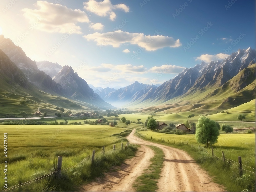 Tranquil Scene of a Dirt Road Leading Through a Green Meadow in a Mountain Valley
