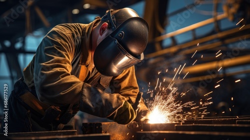 A skilled specialized worker in welding is repairing metal structures on an offshore oil plant photo