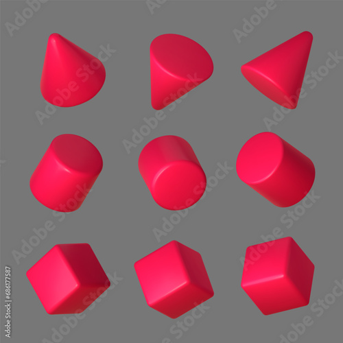 3d of pink geometric shape set. Realistic red geometric cube, cone and cylinder in perspective isolated on grey background. Vector illustration.