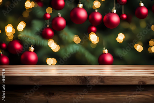 Empty wooden table with christmas theme in background. Selective focus