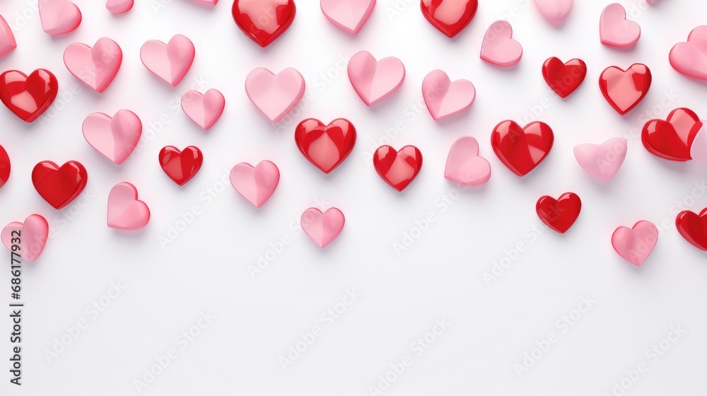 Valentine's Day background with pink and red hearts on white. Romantic celebration and decoration.