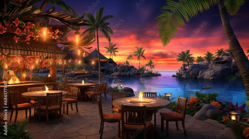 Tropical resort restaurant at sunset with ocean view. Travel and leisure.
