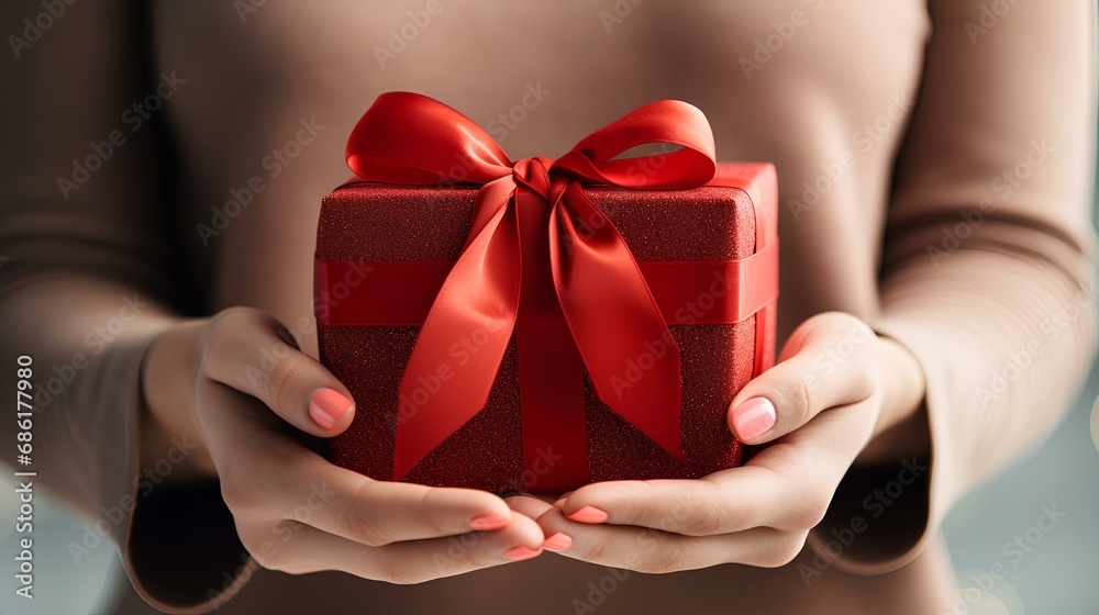 Close-up of a woman's hands receiving a beautifully wrapped gift with a red ribbon, expressing love and gratitude, symbolizing love and passion for Valentine's Day. generative AI