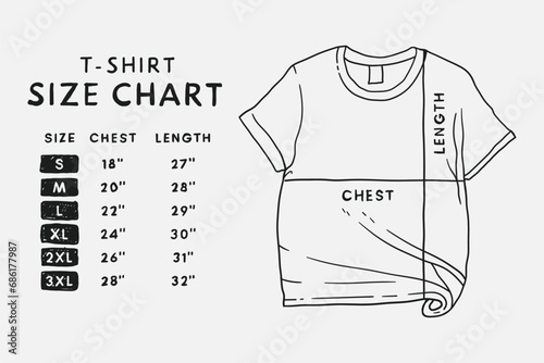 Black and white line drawing of a t-shirt size chart