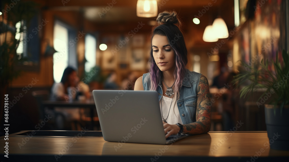 Young woman working on laptop in cafe. Girl with tattoo, designer freelancer or student work on computer laptop at table - obrazy, fototapety, plakaty 