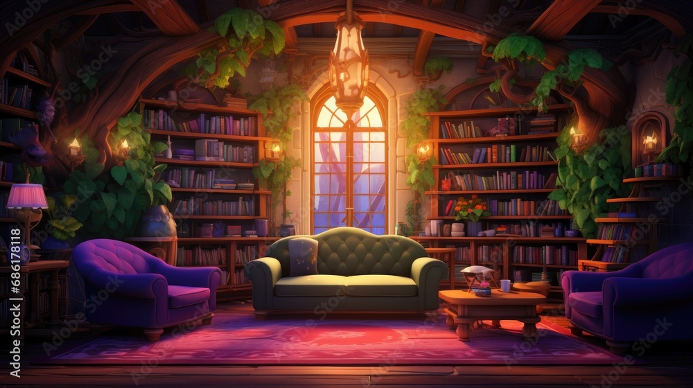 Cozy home library interior with comfortable furniture and books. Home tranquility and education.