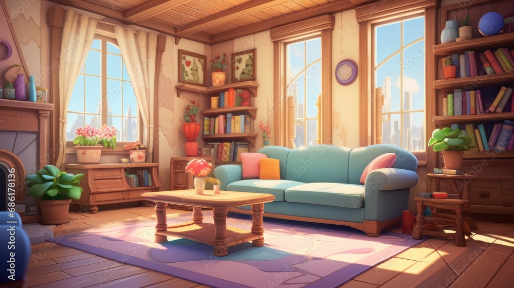Cozy cartoon living room interior with city view. Comfortable home setting.