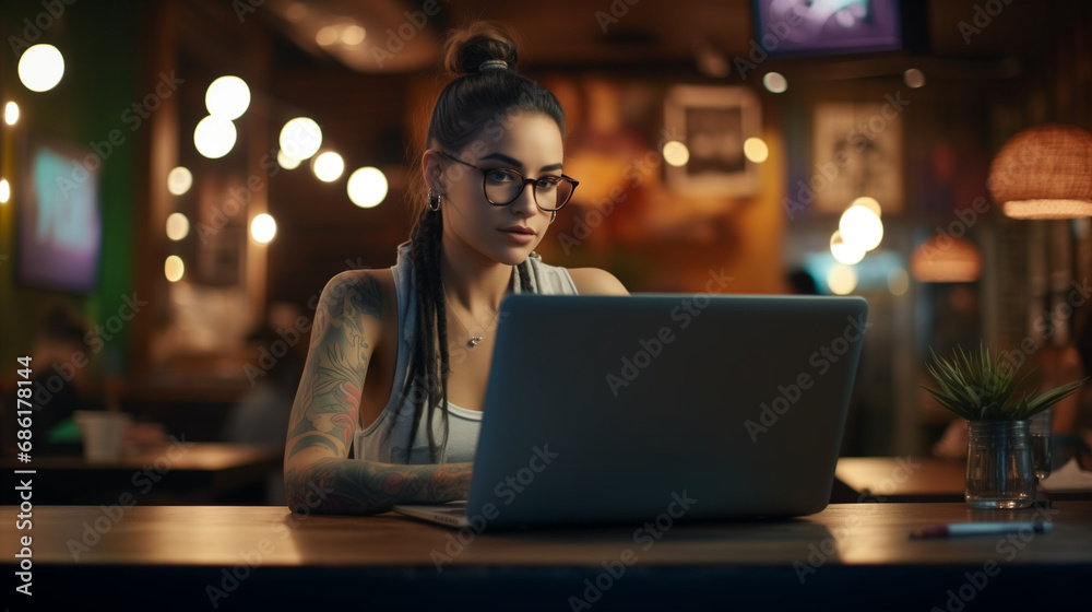Young woman working on laptop in cafe. Girl with tattoo, designer freelancer or student work on computer laptop at table Young woman working on laptop in cafe. Girl with tattoo, designer freelancer or student work on computer laptop at table