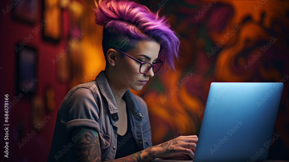 Young woman working on laptop in cafe. Girl with tattoo, designer freelancer or student work on computer laptop at table Young woman working on laptop in cafe. Girl with tattoo, designer freelancer or student work on computer laptop at table