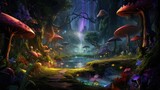 Enchanted forest landscape with magical mushrooms and lush foliage. Fantasy world exploration.