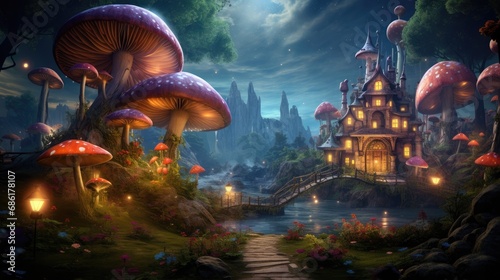 Enchanted mushroom house in fantasy forest setting. Whimsical fairytale background.