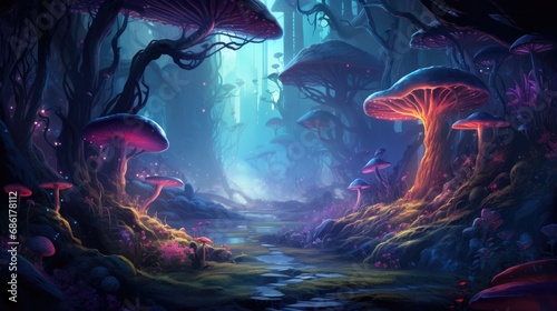 Enchanted forest pathway with glowing mushrooms and magical ambiance. Fantasy world. © Postproduction