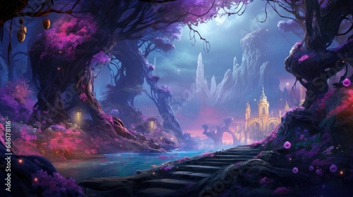 Enchanted fantasy landscape with mystical forest and castle. Magical world imagination.
