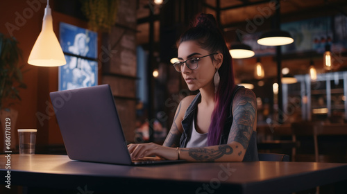 Young woman working on laptop in cafe. Girl with tattoo, designer freelancer or student work on computer laptop at table