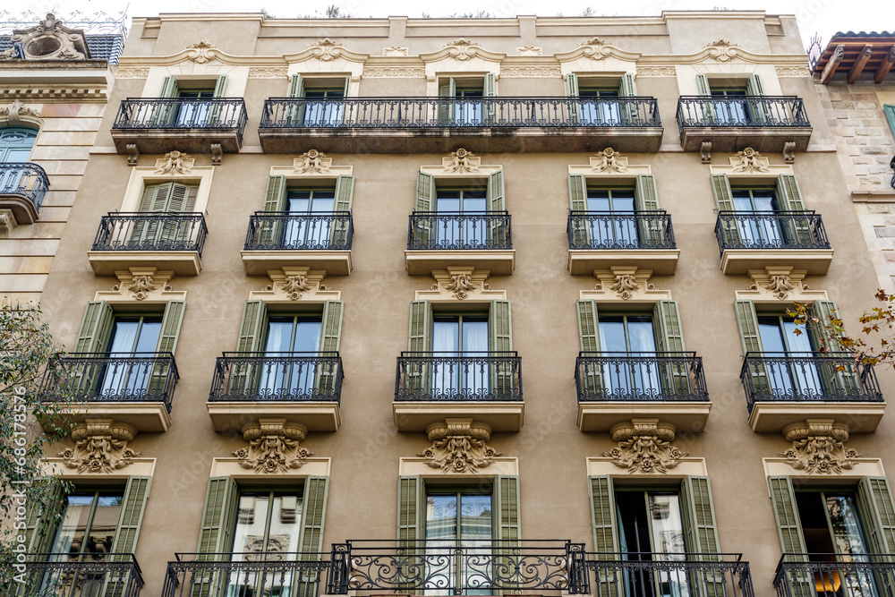 Facade of old apartment buildings in el Eixample, Barcelona, Catalonia, Spain, Europe Facade of old apartment buildings in el Eixample, Barcelona, Catalonia, Spain, Europe
