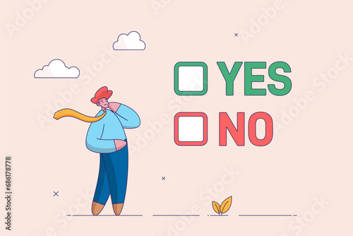 Business decision making concept. Choose yes or no alternative or choices, leadership to direct business to succeed, rational businessman thinking and make decision for business or career question.