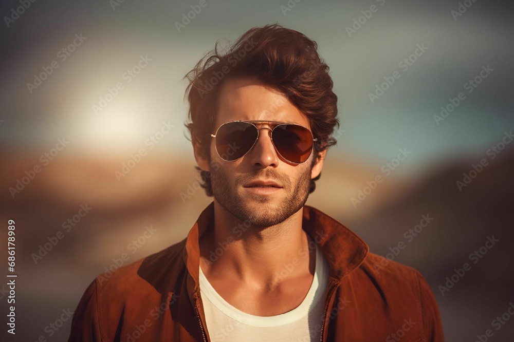 a man in sunglasses stands wearing a brown jacket and white shirt a man in sunglasses stands wearing a brown jacket and white shirt