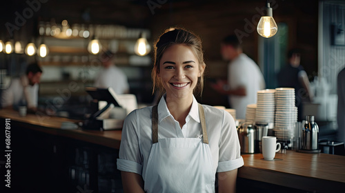 Smiling stylish female waiter in a restaurant.