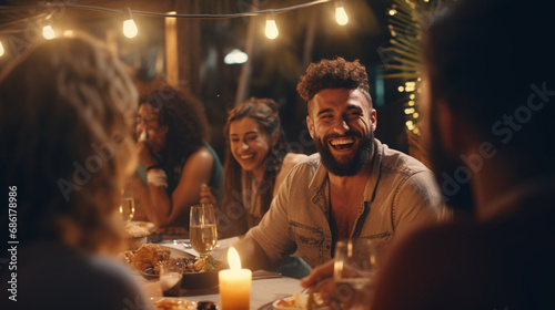 Friends' Rooftop Dinner Party - A Joyful Gathering of Men and Women Sharing Laughter and Delicious Food in a Vibrant Rooftop Setting photo