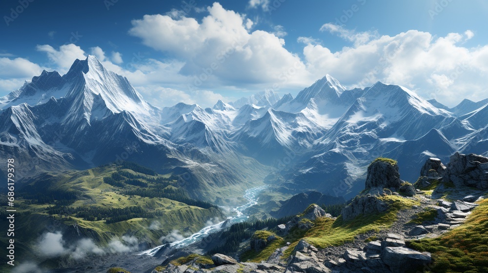 Majestic Mountain Realm: Serene Peaks Soaring into the Cloud-Kissed Blue Sky. Beautifully painted sky and snow-capped mountains. Mystical deserted place