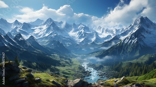 Majestic Mountain Realm: Serene Peaks Soaring into the Cloud-Kissed Blue Sky. Beautifully painted sky and snow-capped mountains. Mystical deserted place