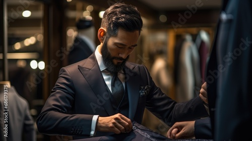A men's suit tailor, making adjustments to a new suit. Well dressed gentleman, of a custom tailored suit shop. bespoke formal clothing photo
