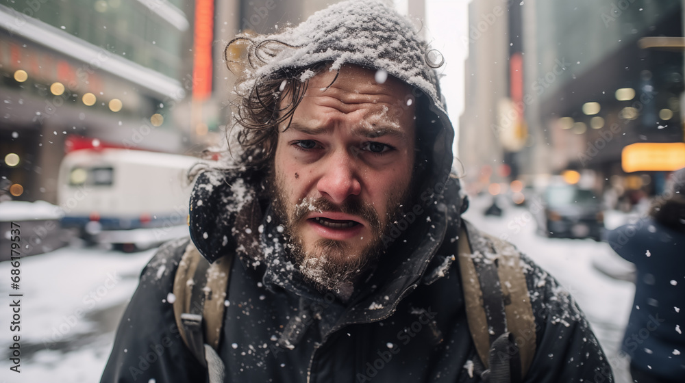 A man in a black jacket and a backpack in the snow with a surprised look on his face and a city street in the background. A man in a black jacket and a backpack in the snow with a surprised look on his face and a city street in the background.