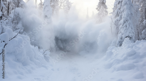A snow covered forest with a tunnel in the middle of it and fog coming from the trees around it. © Damian