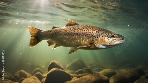 An underwater photograph capturing trout fish, illustrating the natural interaction in a freshwater habitat, symbolizing the essence of fishing.